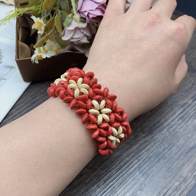 Bohemian Vintage Colorful Wooden Bead Elastic Bracelets for Women Ethnic Hand knitted Flower Bracelet Female Jewelry