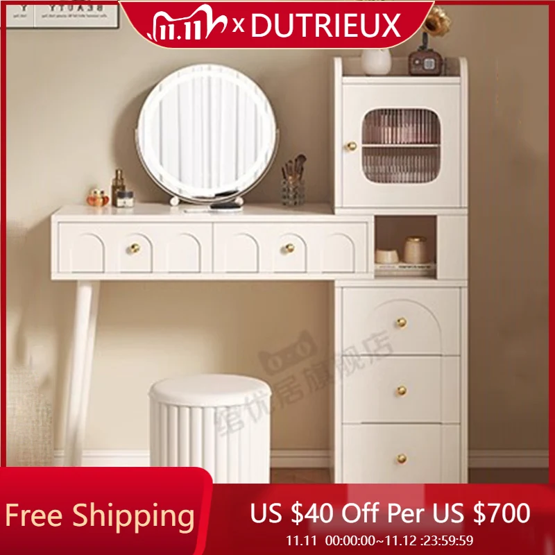 

White Bedroom Vanity Table Drawers Storage Mirror Makeup Dressing Table Desk Mobile Living Room Penteadeira Acrylic Furniture