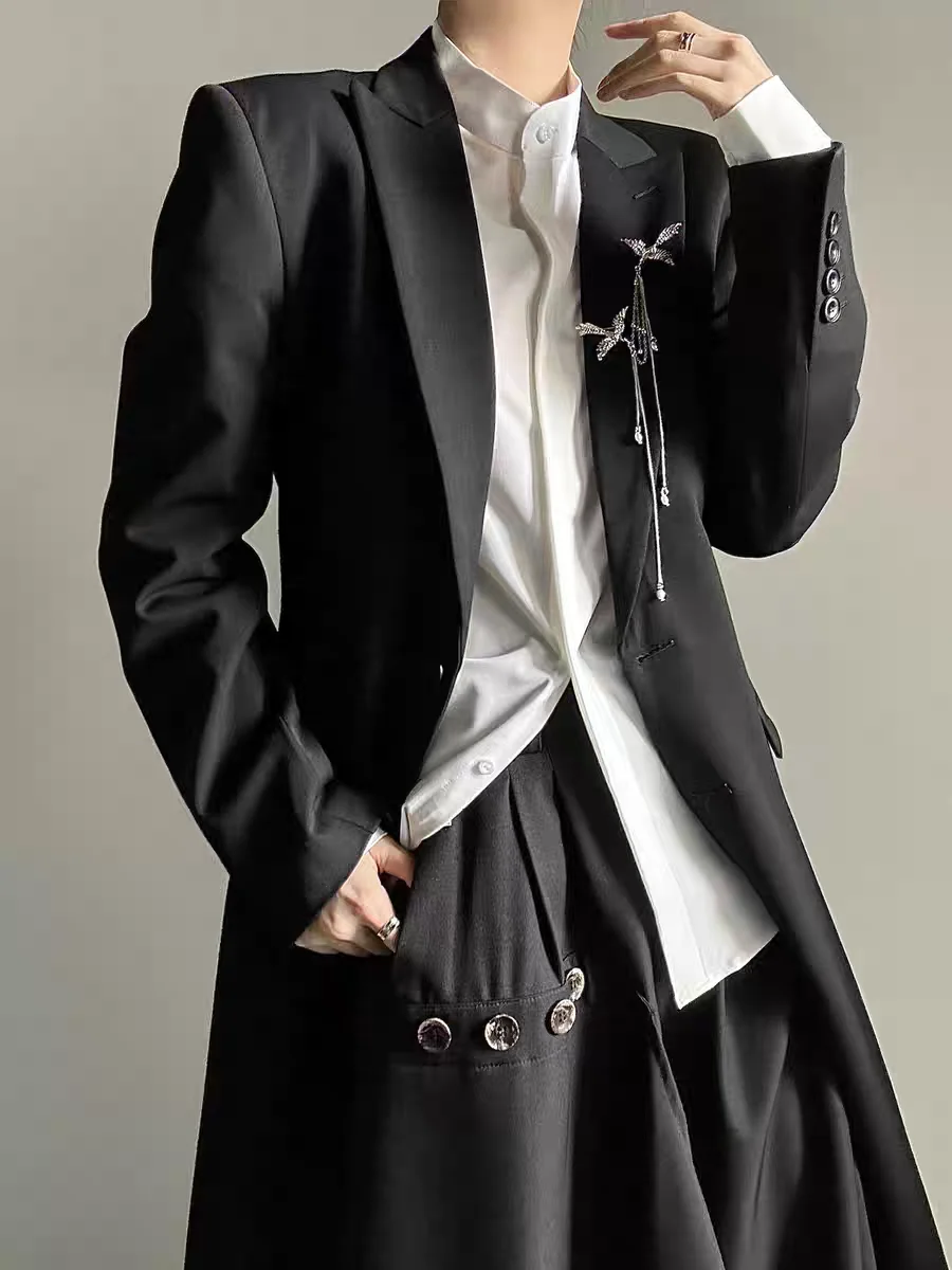 

Retro Hasebe Long Sle Neutral High End Bla Chinese Nationatic oulder Lengthened Coat Casual Suit Outerwear Jaet
