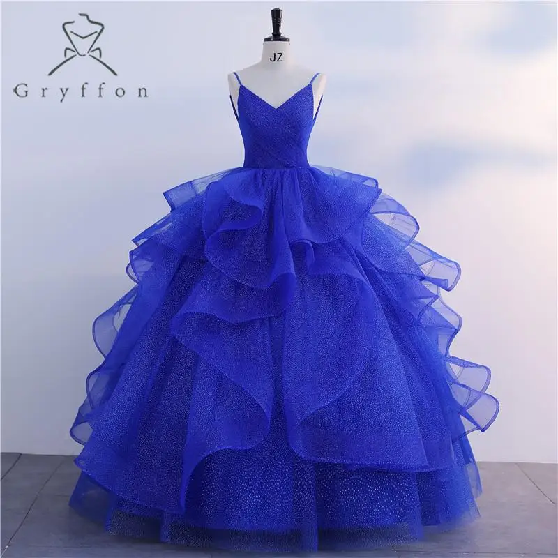 

Blue Spaghetti Strap Vestidos Shinny Quinceanera Dresses Classic V-neck Ball Gown Real Photo Party Dress Plus Size Formal Gown