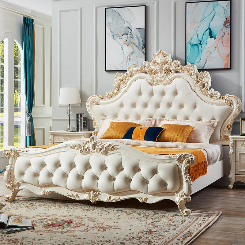 Europäisches Bett aus Massivholz, 1,8 m großes Doppelbett, Hauptschlafzimmer, französisches Schlafzimmer, Prinzessin, Villa, Hochzeit, Lederprinzessin