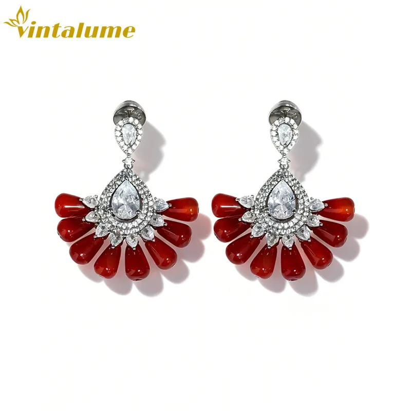 

Серьги-подвески Vintalume с кубическим цирконием, в форме капли, с красным агатом, веерообразные, винтажные, для женщин, модные ювелирные изделия