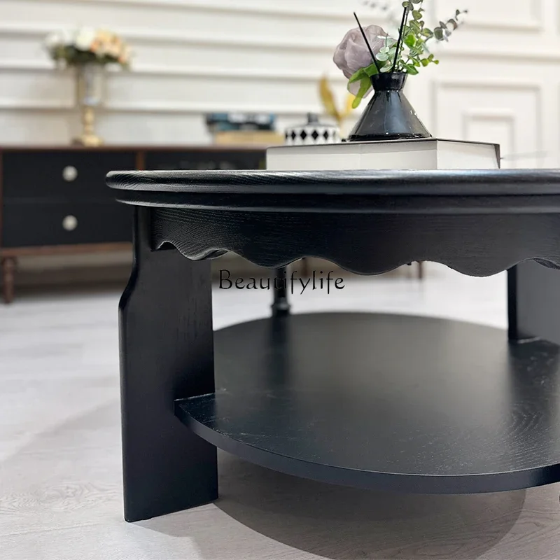 yj19 French Retro Solid Wood Coffee Table for Living Room, Simple Small Apartment Round Tea Table