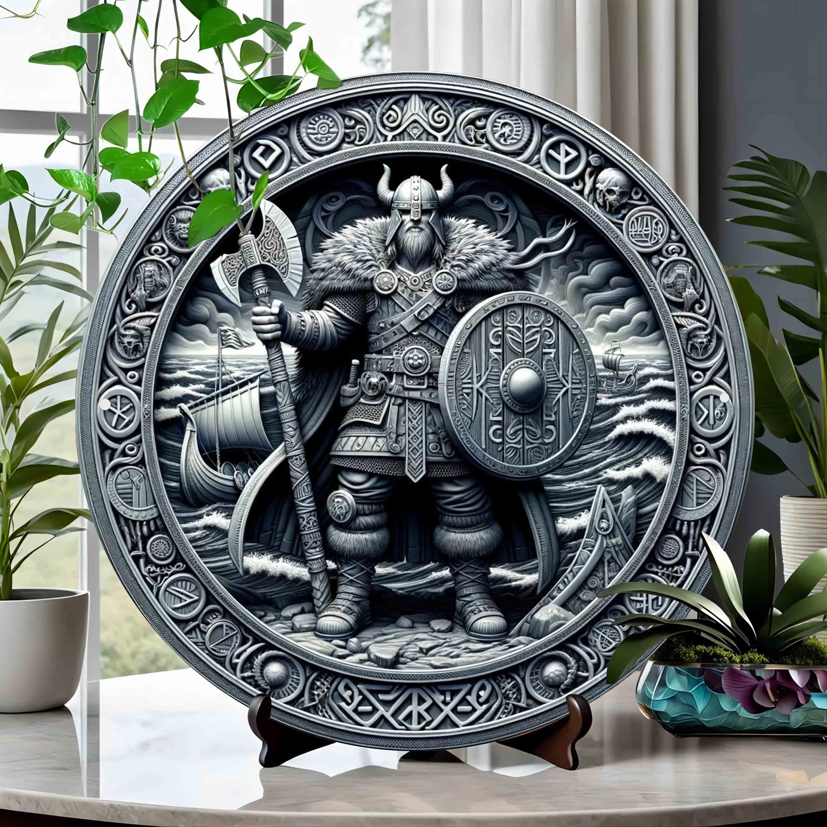 Viking Warrior's Wrath: Aluminium 3D Wall Art - Holiday Perfect Gift for Home, Bedroom, Living Room, or Cafe Decor - Round Aesth