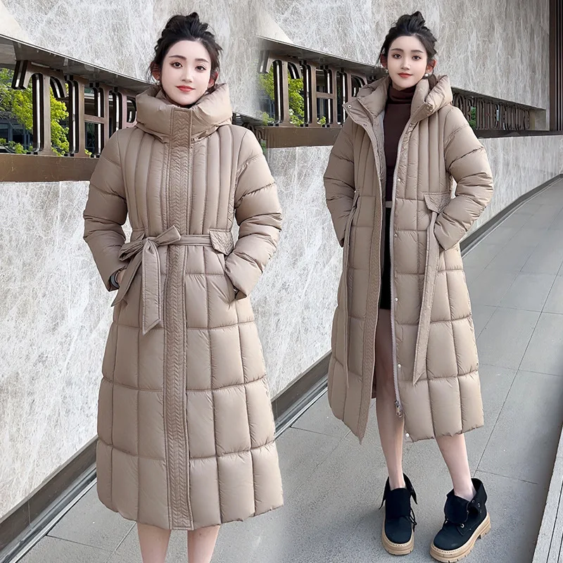 

Slim Fit Winter Women Quilted Jacket Drawstring Stand Collar Single Breasted Bow Female Padded Coat Lady Long Over The Knee Coat