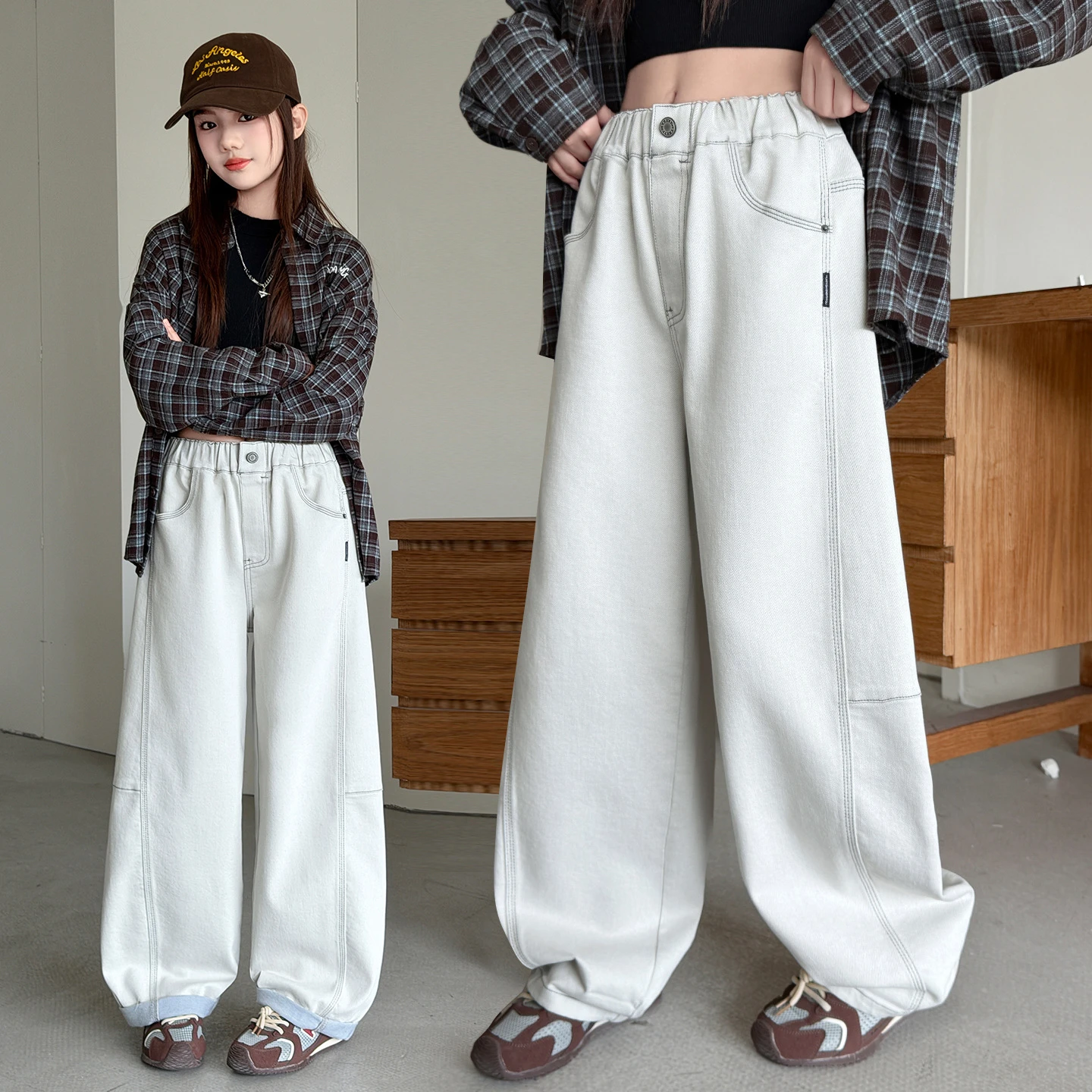 New Style Girls Autumn Wide Leg Curved Jeans Pants Kids White Causal Straight Leg Trousers Child Fashion Versatile Denim Pants