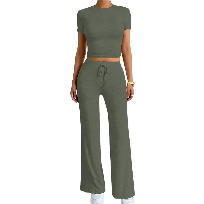 

CYL-Women's 2 Piece Lounge Sets Straight Leg Pants Set Short Sleeve Crop Tops And Pants Outfits