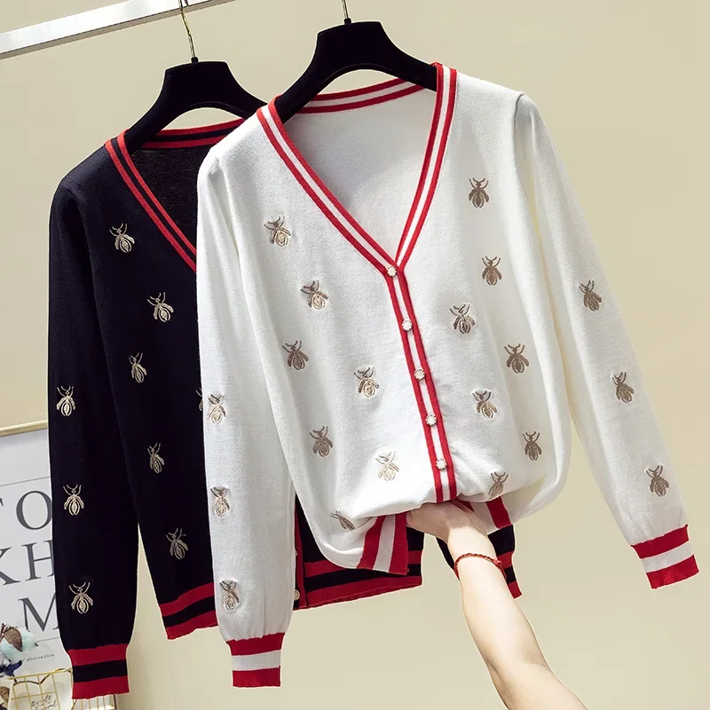 

Little Bee Embroidery Long Sleeve Knitted Sweater Jacket Women Spring Autumn Fashion Casual Cardigans Pretty Female Knitwear