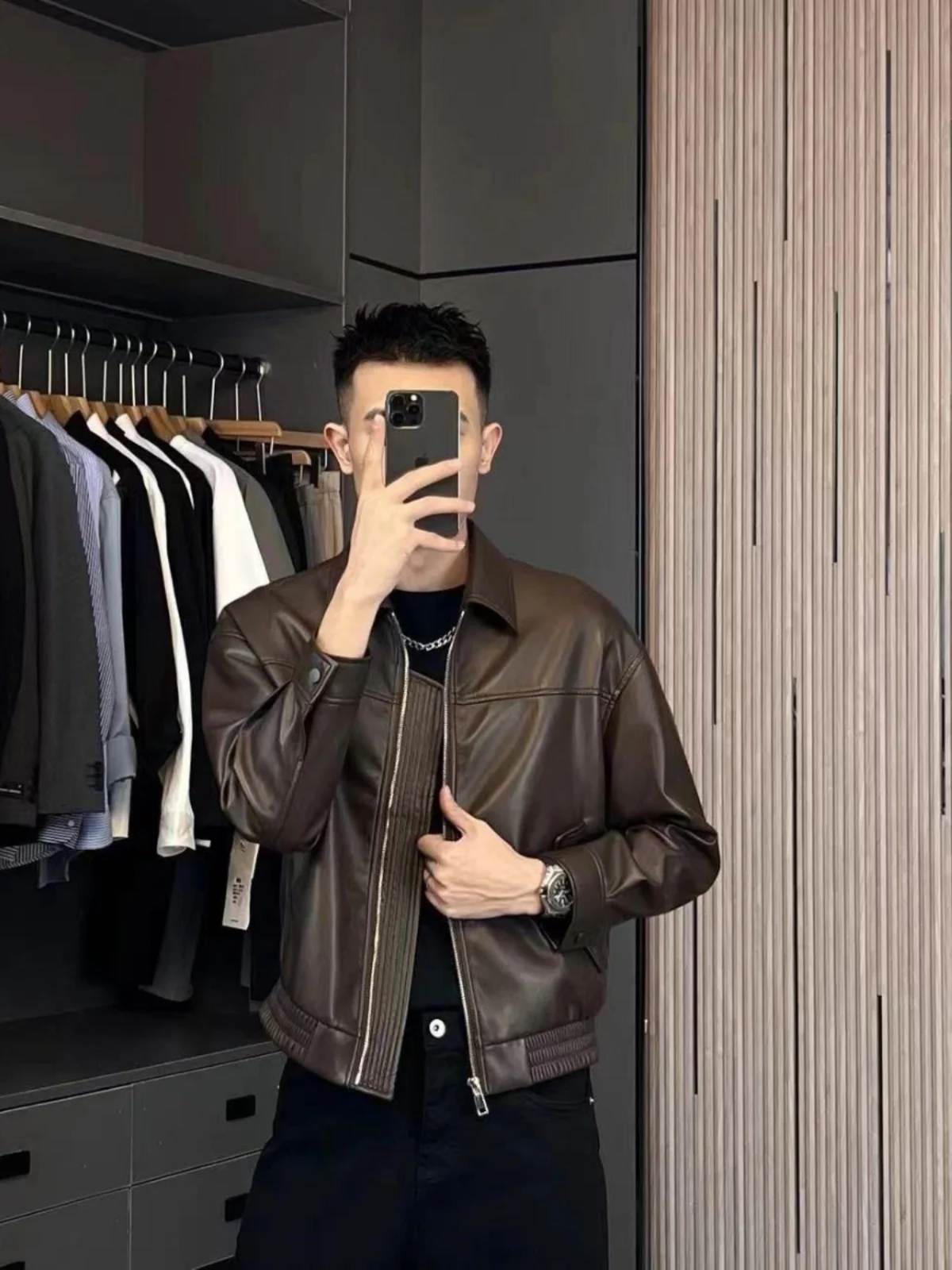 

Casual Loose Men's Biker Jaet Soft PU Leather Sli Trendy Spring Autumn Faionable Outerwear Youthful Energy Sle