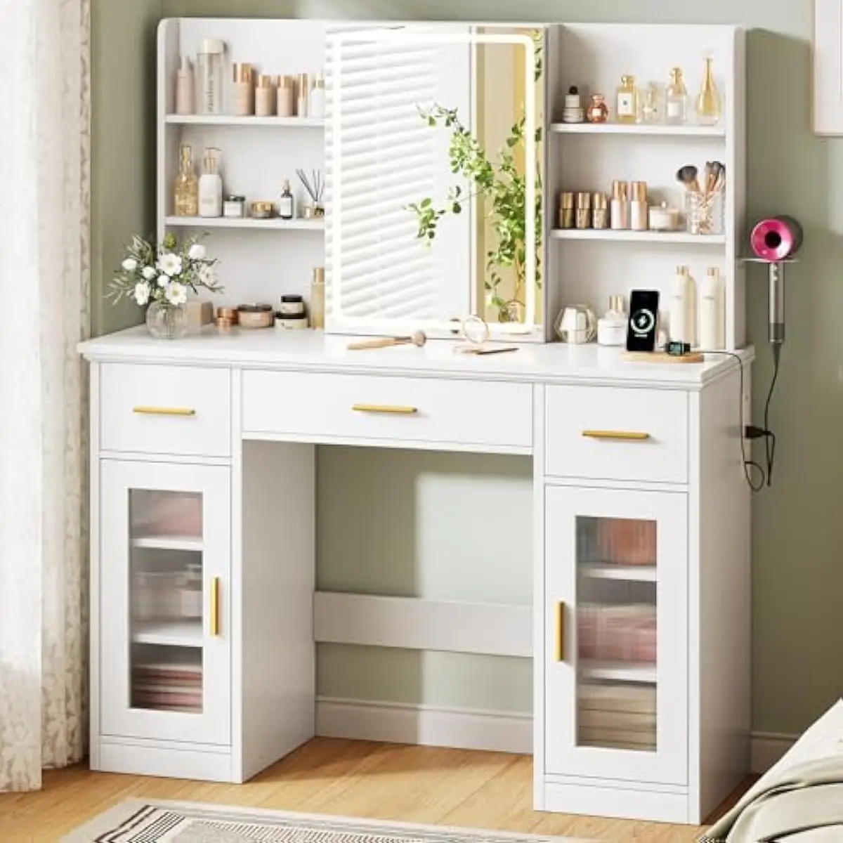 43.5-inch white engineered wood vanity desk featuring adjustable LED mirror with cool natural warm lighting modes sliding mirror