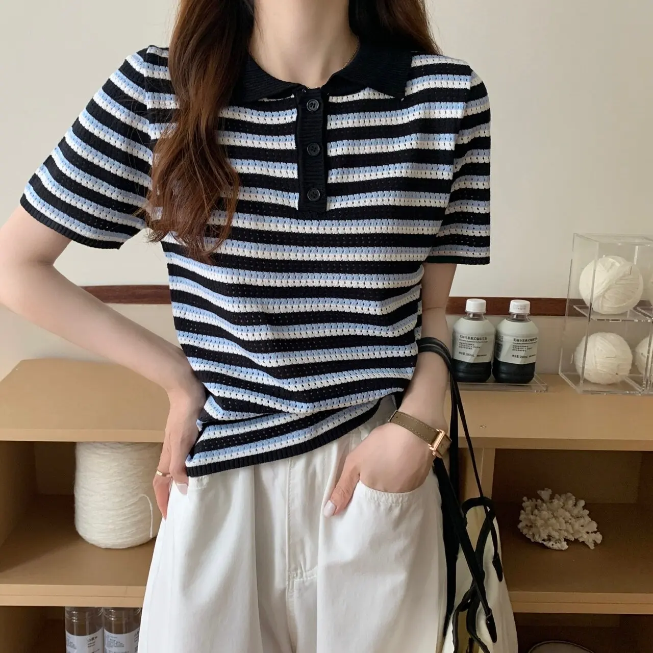 

Striped Short Sleeve Polo Sweater Women Pointelle Knit Polo Shirt with Collar Buttons Crop Top Schoolgirl Preppy Style Summer