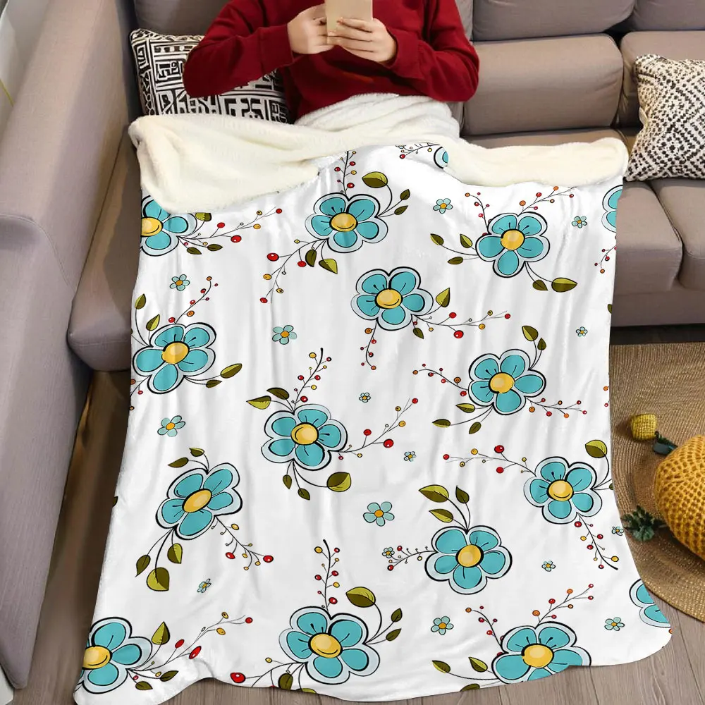 teal cartoon flower branch Flannel Blanket Warm Soft Halloween Christmas Decorative Couch Warm Cozy All-Season Gift