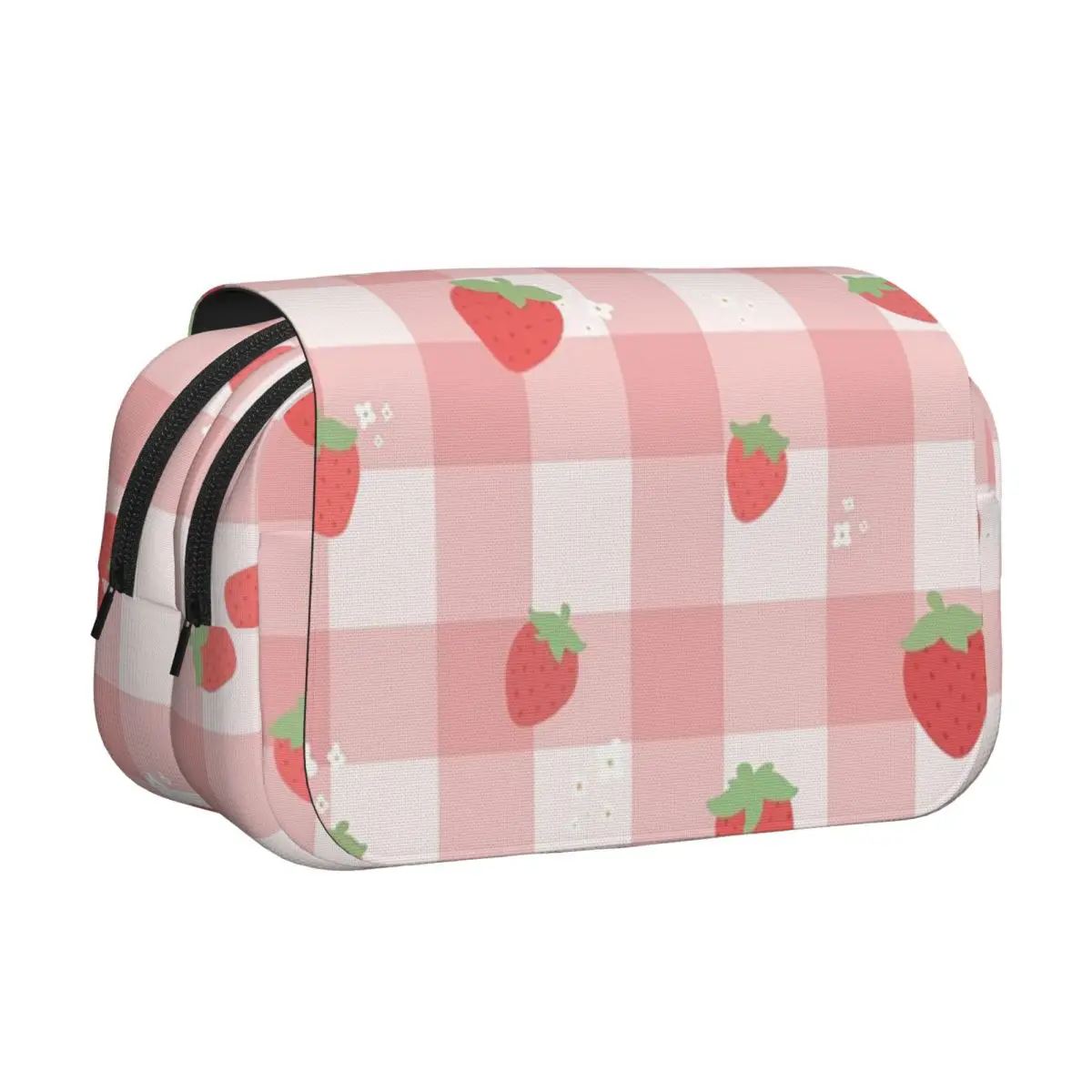 

Кожаный пенал-косметичка в клетку с клубничным принтом, жесткий, большой вместимости, для мальчиков и девочек, подарок