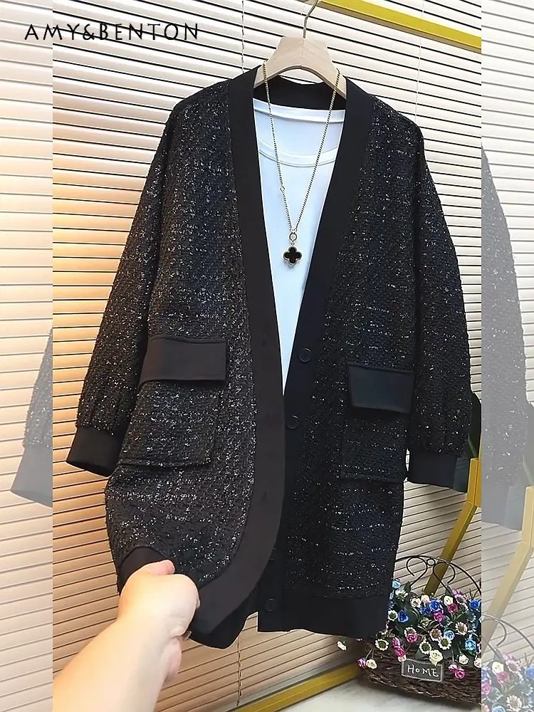 

Black European Goods Cardigan Coat Women's Mid-Length High-Grade French Entry Lux Socialite Temperament Long Sleeve Sweater