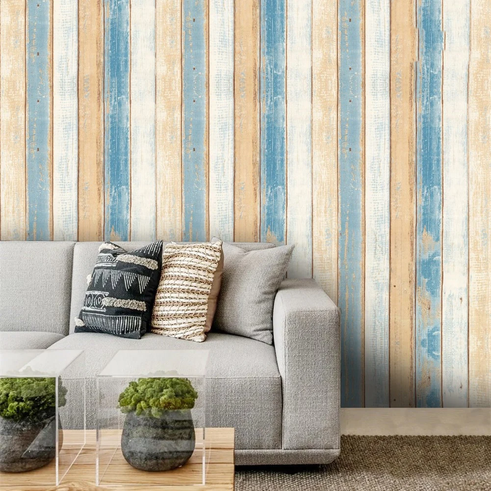 Mediterranean Stripe Self-Adhesive Wood Grain Wallpaper Retro Nostalgic Wooden Board Living Room Home Decoration Wall Stickers