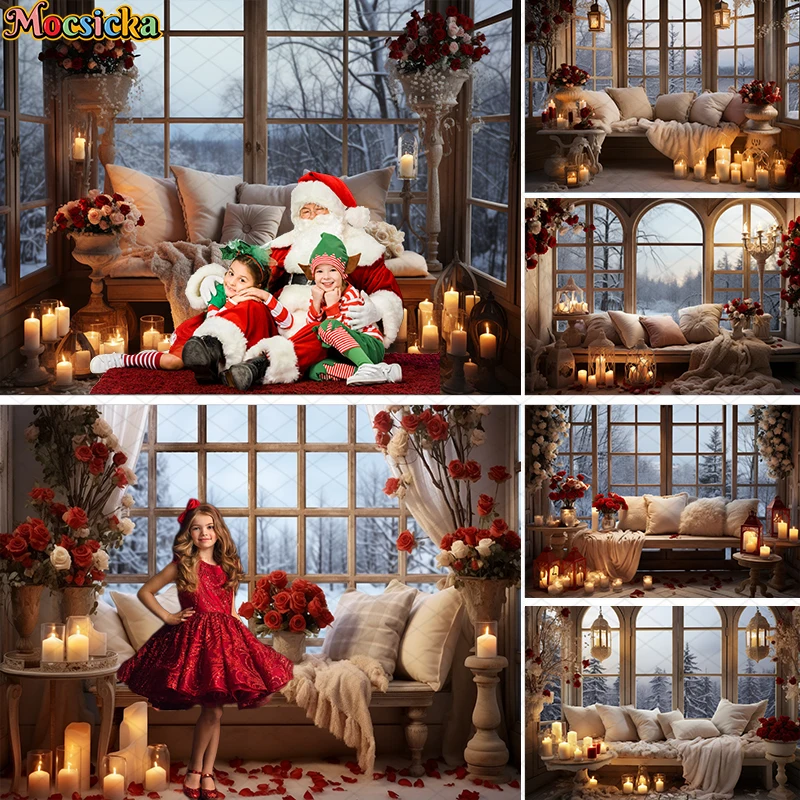 

Indoor Xmas Window Backdrop Holiday Party Kids Adult Portrait Photography Background Pillow Valentine's Day Roses Candle Decor