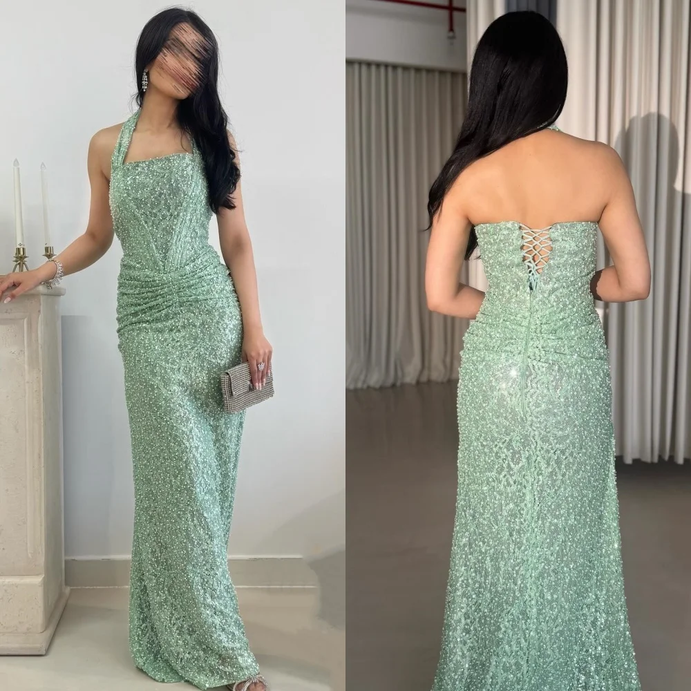 

Customized Intricate Elegant Sequined Beading Straight Halter Long Dresses Bespoke Occasion Dresses Sizes Available Modern Style