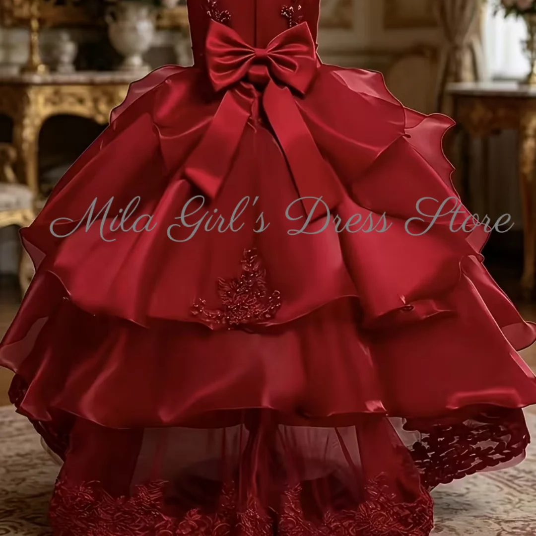 Elegant Red Flower Girl Dress Satin Large Graduation Party Collective Dress With Bow Beaded A Line Birthday Party Gown Custom