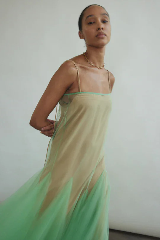 New Couture Green Tulle drappeggiato alla caviglia abiti da donna con spalline Nude fodera a-line Fashion Maxi Dress