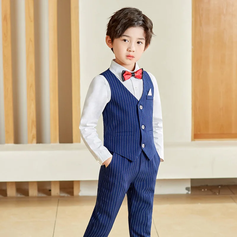 Boys Top Stripe Waistcoat Clothes Sets Kids Shirt Vest Trousers Formal Dress Suits Child School Uniform Baby Toddler Outfits