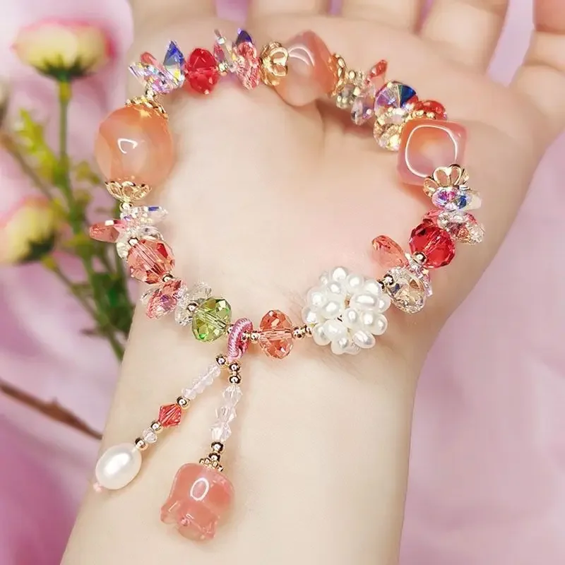 Austrian Crystal Natural Agate Half Treasure Wangfu Tiger Eye Bracelet Fashion Tassel Good Lucky Hand String for Women Jewelry