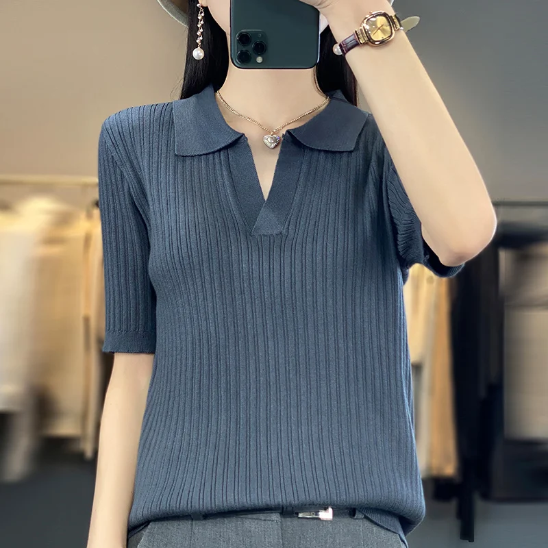 

Свободный хлопковый вязаный свитер с коротким рукавом, модный женский топ из чистого хлопка, удобный для весны и лета