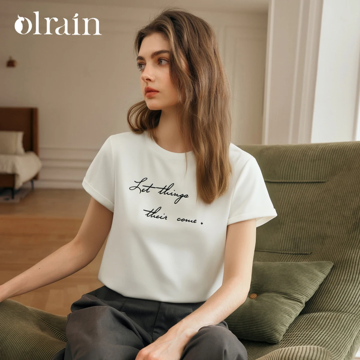 

OLrain Women Short Sleeve Tees Casual White Printed Letter Female T-shirts Summer 2025 Fashion Round Neck Ladies Tops O57XT98630