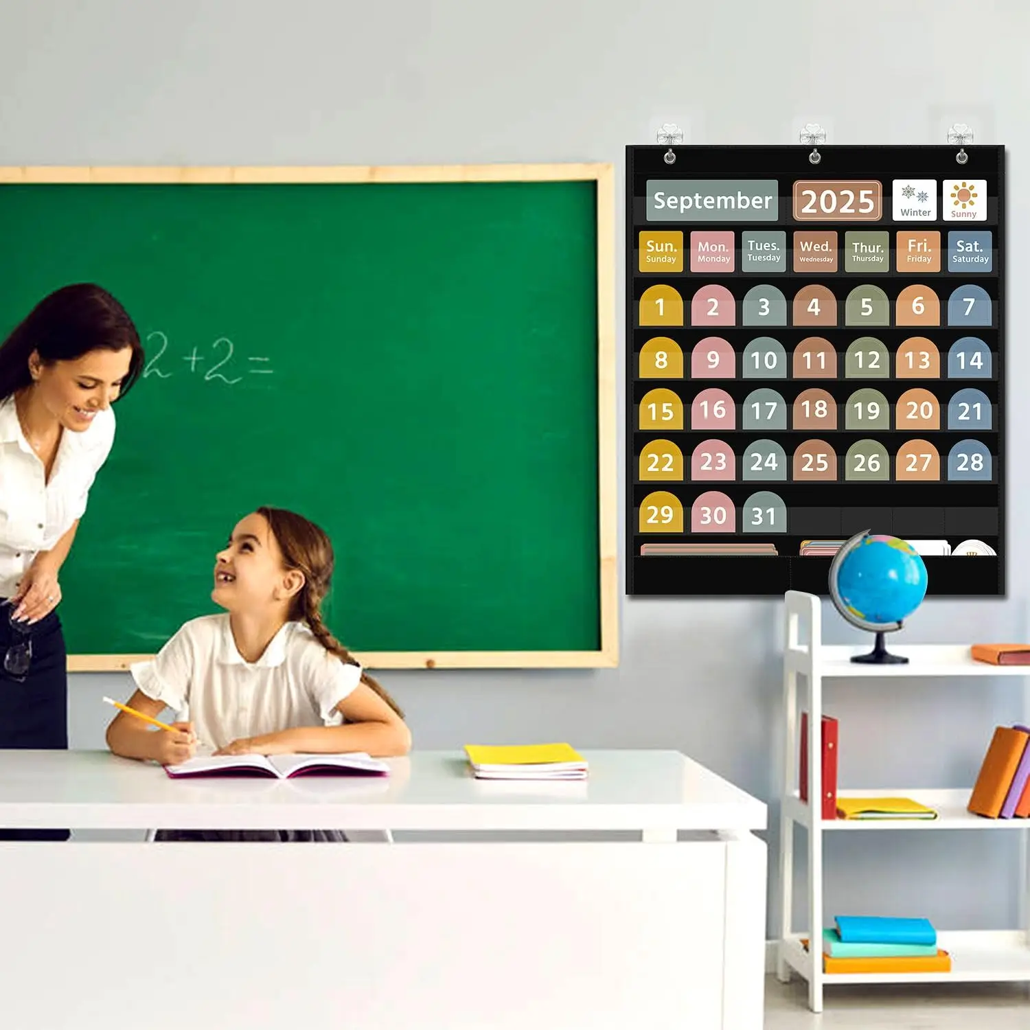 Gráfico de bolsillo con calendario grande con 96 tarjetas bohemias para el calendario mensual en el aula y gráfico de bolsillo meteorológico para aprendizaje de niños