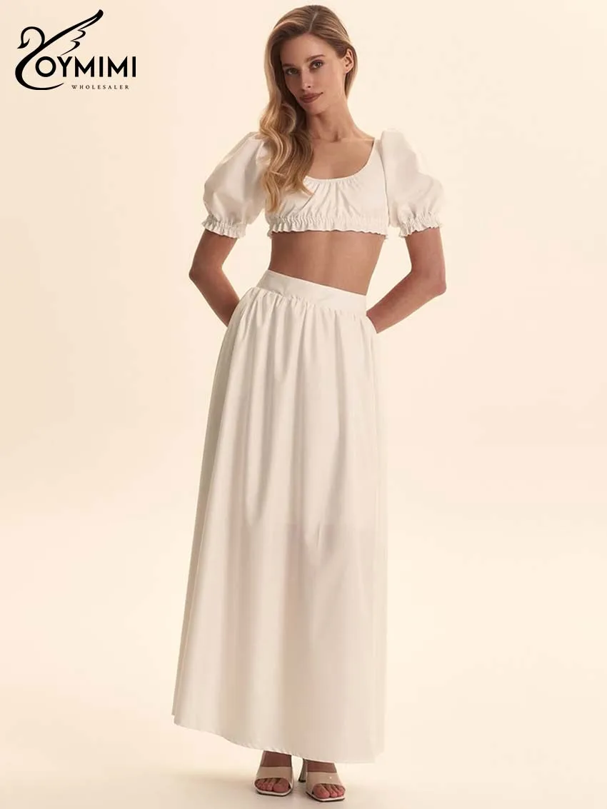 

Oymimi модные белые хлопковые комплекты из двух предметов, женские элегантные укороченные топы с круглым вырезом и короткими рукавами и юбки до щиколотки с высокой талией, комплект