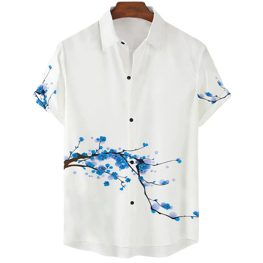 Pure White Simple Design Cherry Blossom Print Men\'s Casual Short Sleeve Shirt Summer Floral Casual Vacation Men\'s Top Oversized