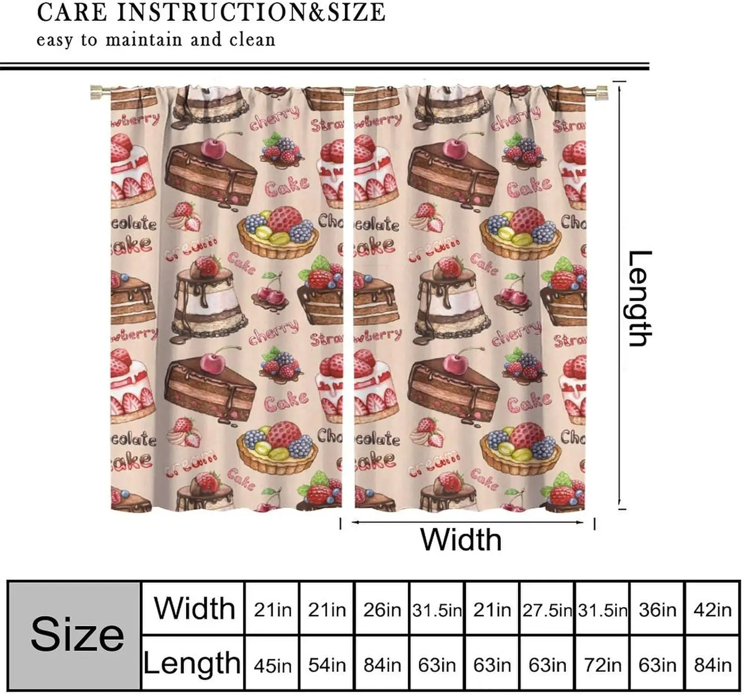 Coffee Cake Fruit Dessert Curtain, Coffee Shop Bakery Inspired Tasty Cupcake Pattern Rod Pocket Window Treatments for Bedroom