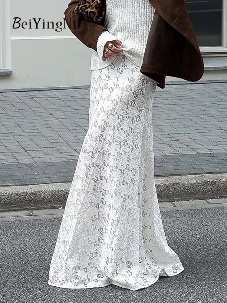 Beiyingni Gonna lunga in pizzo da donna di nuovo stile Slim Fit Casual Bianca Elegante donna francese Gonne a sirena Pianura Prospettiva Faldas