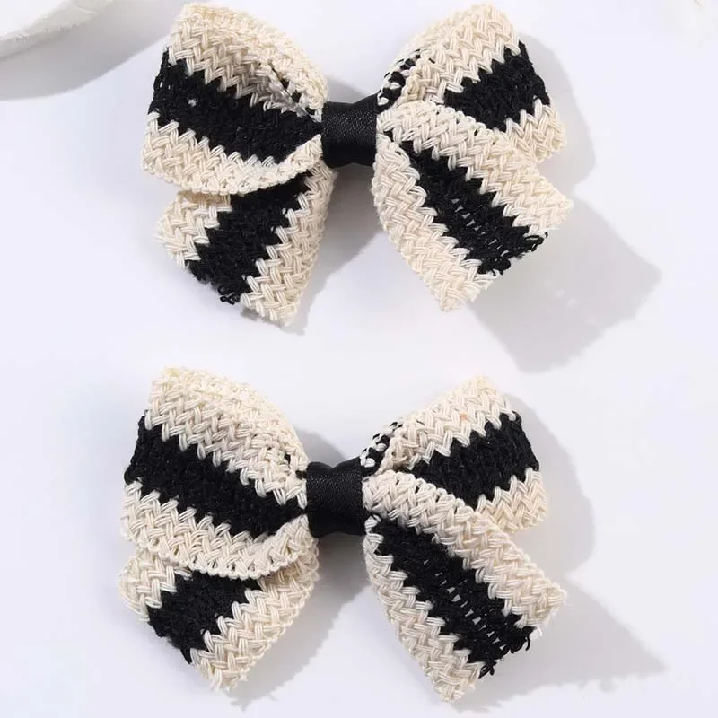 ncmama 2Pcs Knitted Bow Hair Clips For Girls Classical Plaid Handmade Bowknote Hairpin Barrette Headwear Korea Hair Accessories