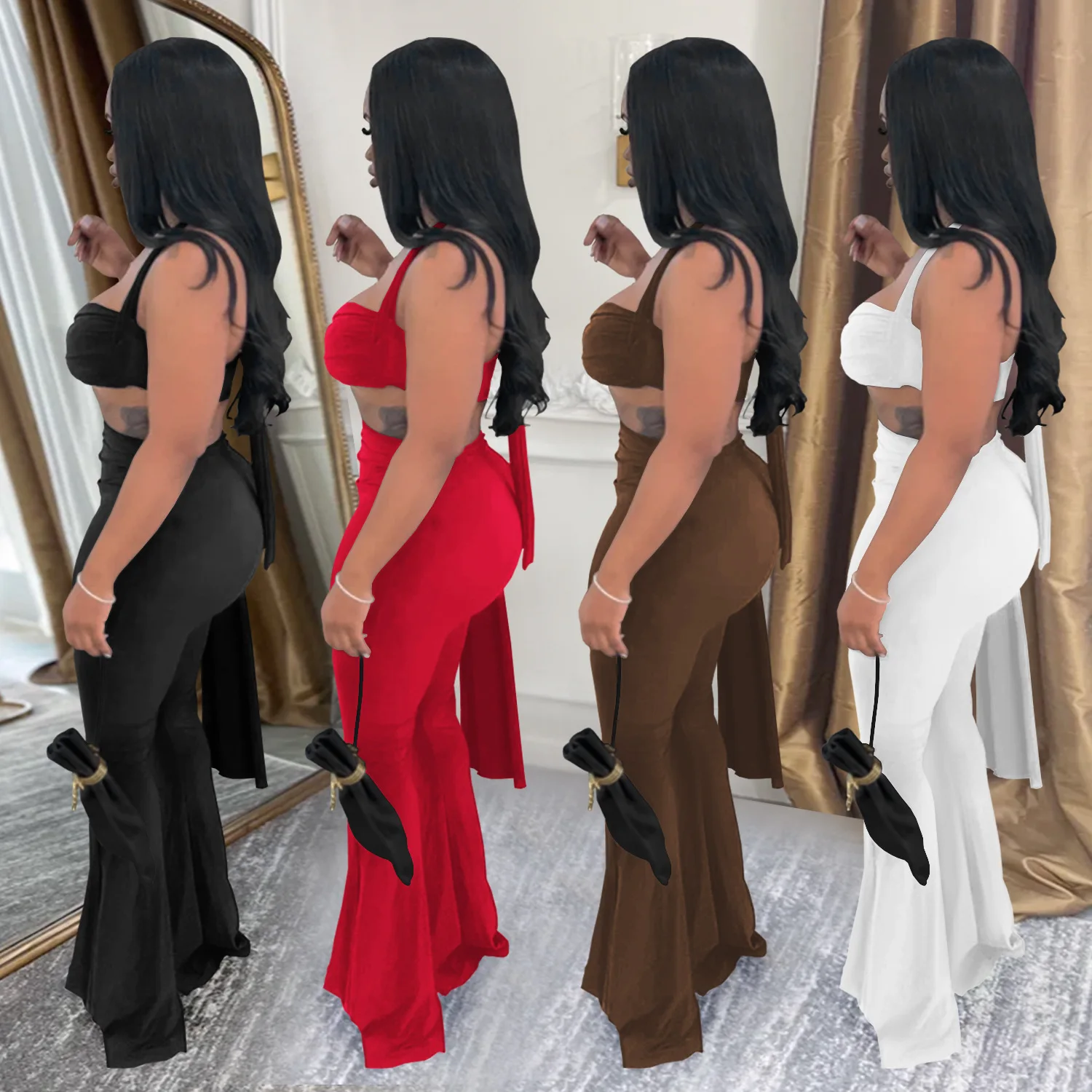 Top bikini sexy con scollo all'americana Set di pantaloni a 2 pezzi Completi Y2K Streetwear Pantaloni svasati da donna Tuta Elegante fasciatura Top Set di due pezzi