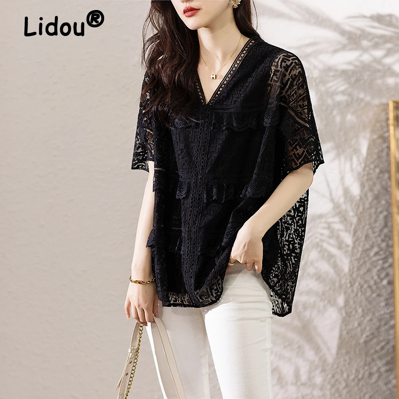 

Women Fashion Sexy Hollow Lace Ruffle Irregular Black Oversized T-shirt 2024 Summer Female Casual V Neck Short Sleeve Tunic Tops