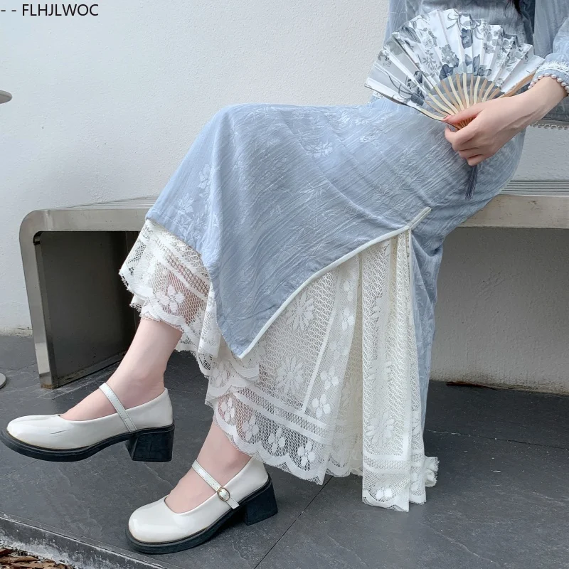 Matching Cheongsam Qipao Skirts New Year Fashion Cute Girls Sweet Princess Romantic Lace High Waist A Line Long Lace Skirts
