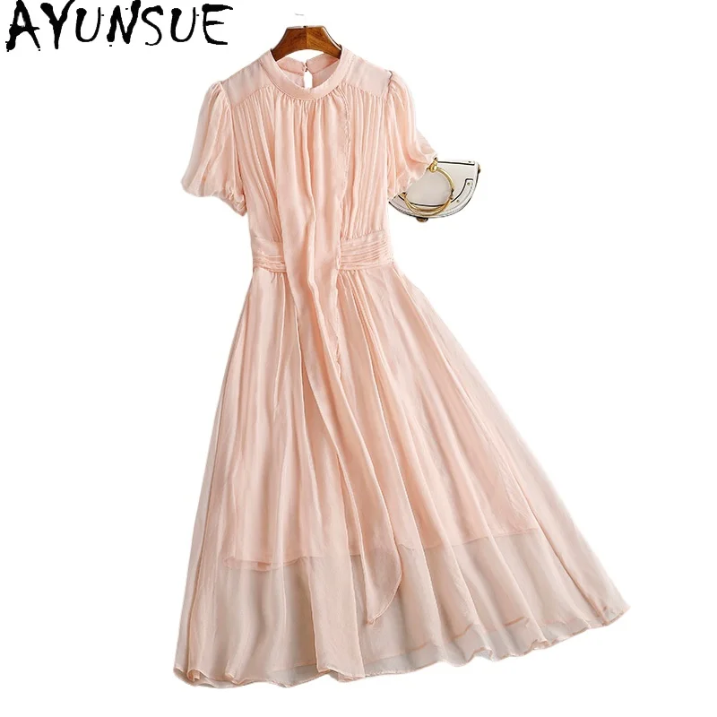 

AYUNSUE 100% Mulberry Silk Dresses 2024 Women Elegant Luxury Vacation Long Dresses New Summer Fairy Dress Womans Clothing 원피스