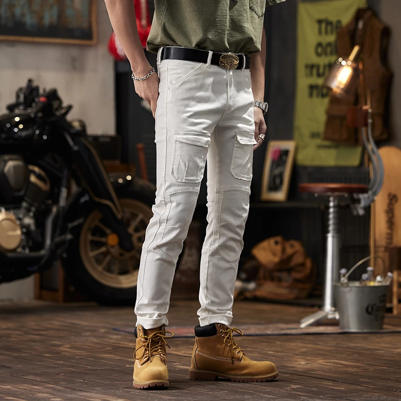 Pantalones vaqueros blancos para motocicleta para hombre, diseño con múltiples bolsillos, elásticos, ajustados, con personalidad