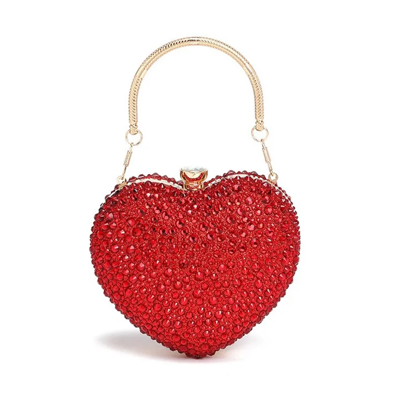 For Women Ladies Luxury Diamond Inlay Heart Shape Red Crystal Clutch Purse Stone Evening Party Shoulder Bag Rhinestone hand Bags