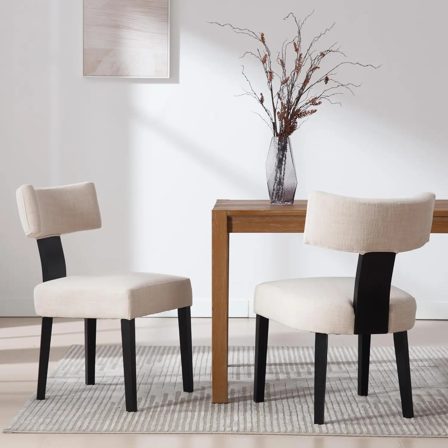 Modern Dining Chairs Set of 2 Comfy Upholstered Side Chairs Black Wood Legs Linen Fabric Dining Chairs Curved Wingback Beige