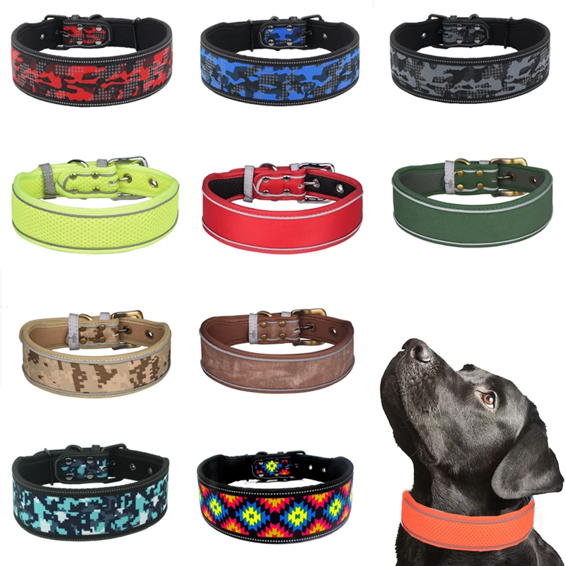 Nylon Dog Collar Reflective Pet Dogs Collars Breathable Padded Striped Pitbull German Shepherd Medium Large Dogs Collar S M L