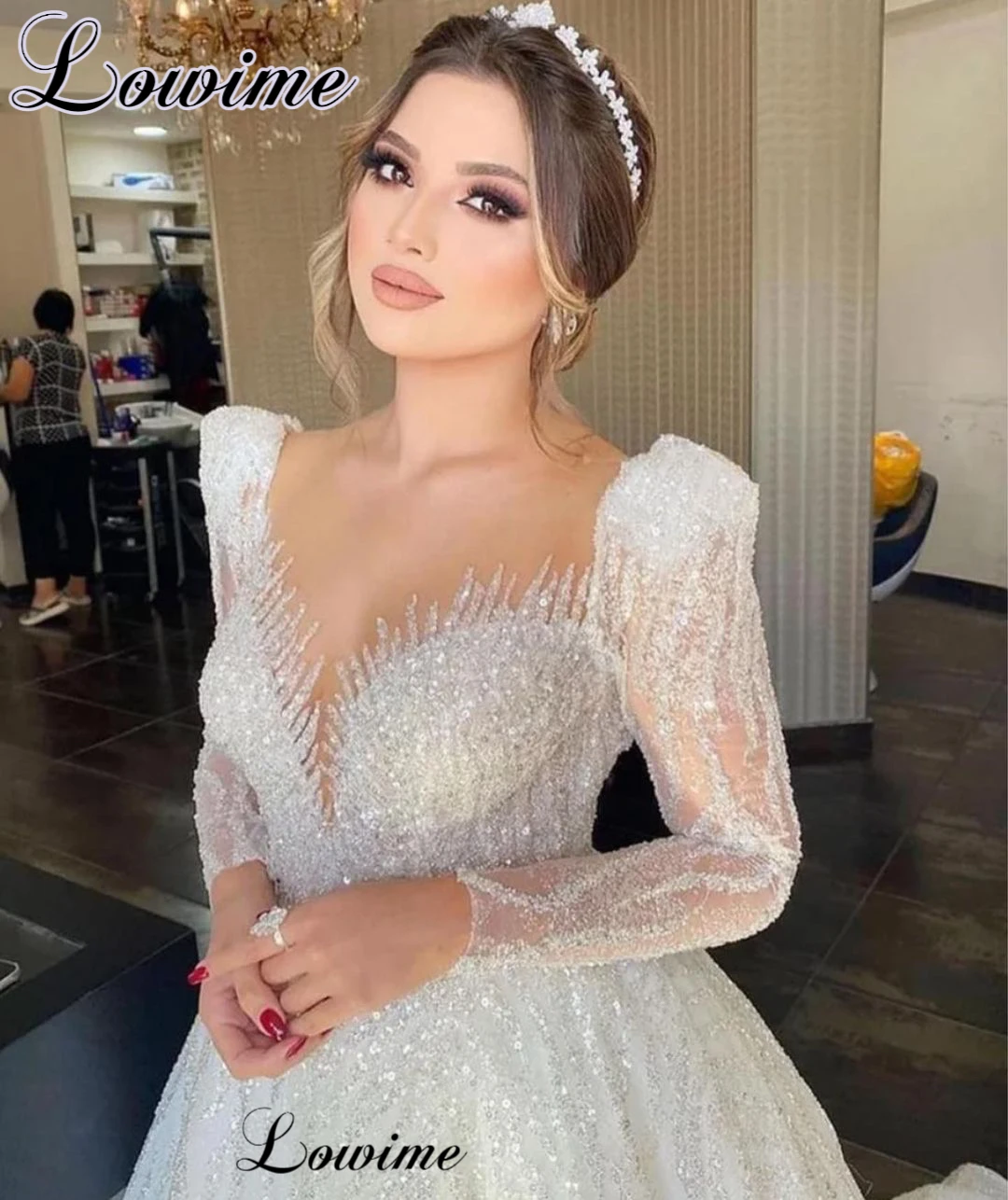 Elegant Sparkly Glitter Wedding Dresses For Women 2023 Backless Long Sleeves Wedding Gowns Bridal Gowns Vestido De Casamento