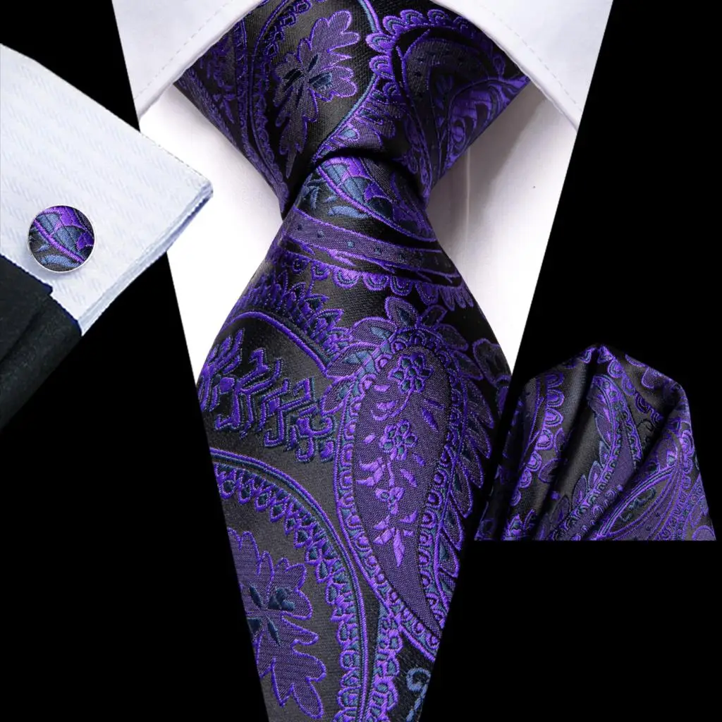 Black Purple Paisley Silk Wedding Tie For Men Handky Cufflink Gift Men Necktie Fashion Business Party Dropship Hi-Tie Designer