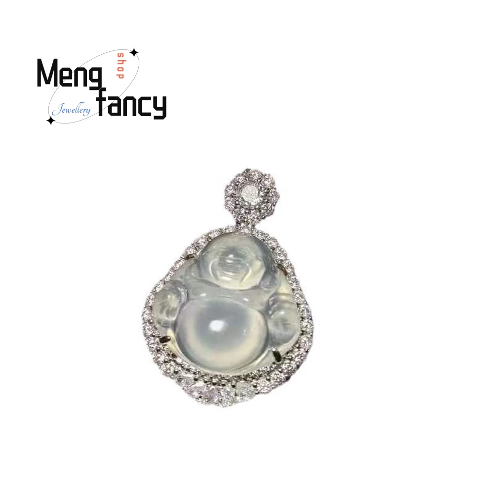 Natural High-Ice White Chalcedony Agate Maitreya Buddha Pendant Necklace Set With Ice-Colored Chalcedony Buddha Fashion Jewelry