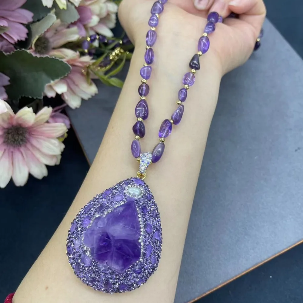 Natural Light Amethyst Original Stone Pendant for Women's Necklaces Earrings Rings Luxury Trendy Ladies Exquisite Jewelry Set