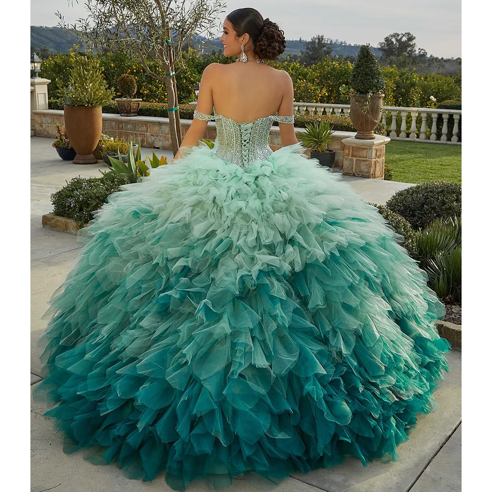 STEVDITG Multi-color Tulle Pleated Wedding Dress Exquisite V-Neck Off the Shoulder Sequined Ball Gown Sweep Train Bride Dress