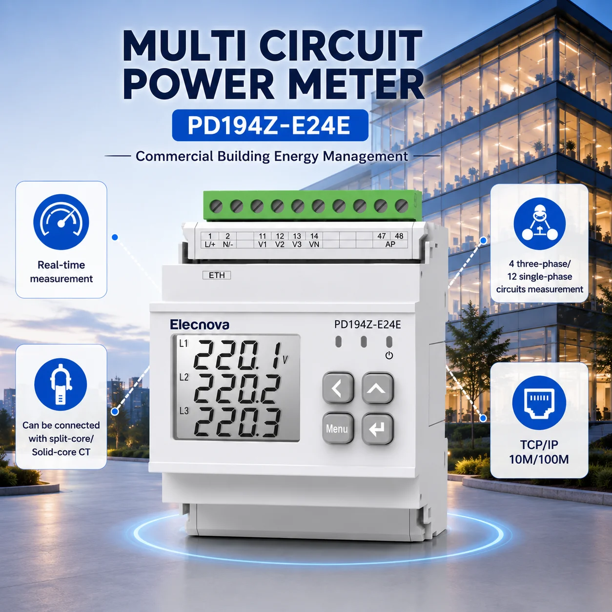 DIN Rail Multi-Loop Energy Meter for Commercial Building Energy Management and Subcircuit   Monitoring