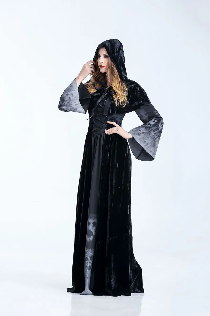 Womens Halloween Witch Hooded Cloak Dress Scary Ghost Souls Printed Vampire Skull Cosplay Costume Stage Performance Party