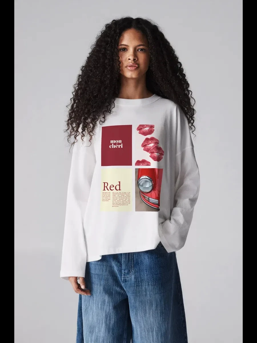Faionable ample imprimé décontracté rond Ne Long Sve t-shirt haut femme coupe ample coton équipage Ne Sweat