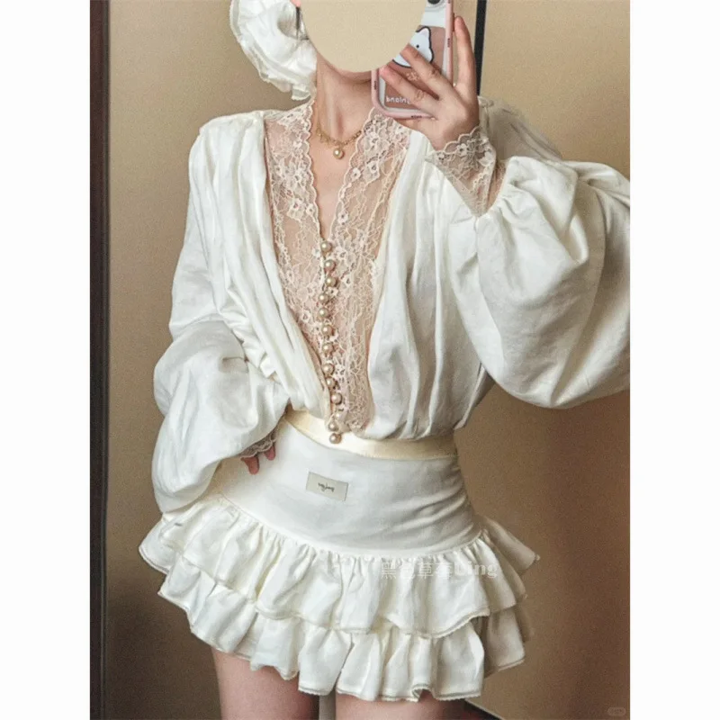 

Women's Spring French Two-Piece Set - Pure Fairy Elegant Lace Patchwork Long Sleeve Blouse & High Waist Tie Waist Mini Skirt